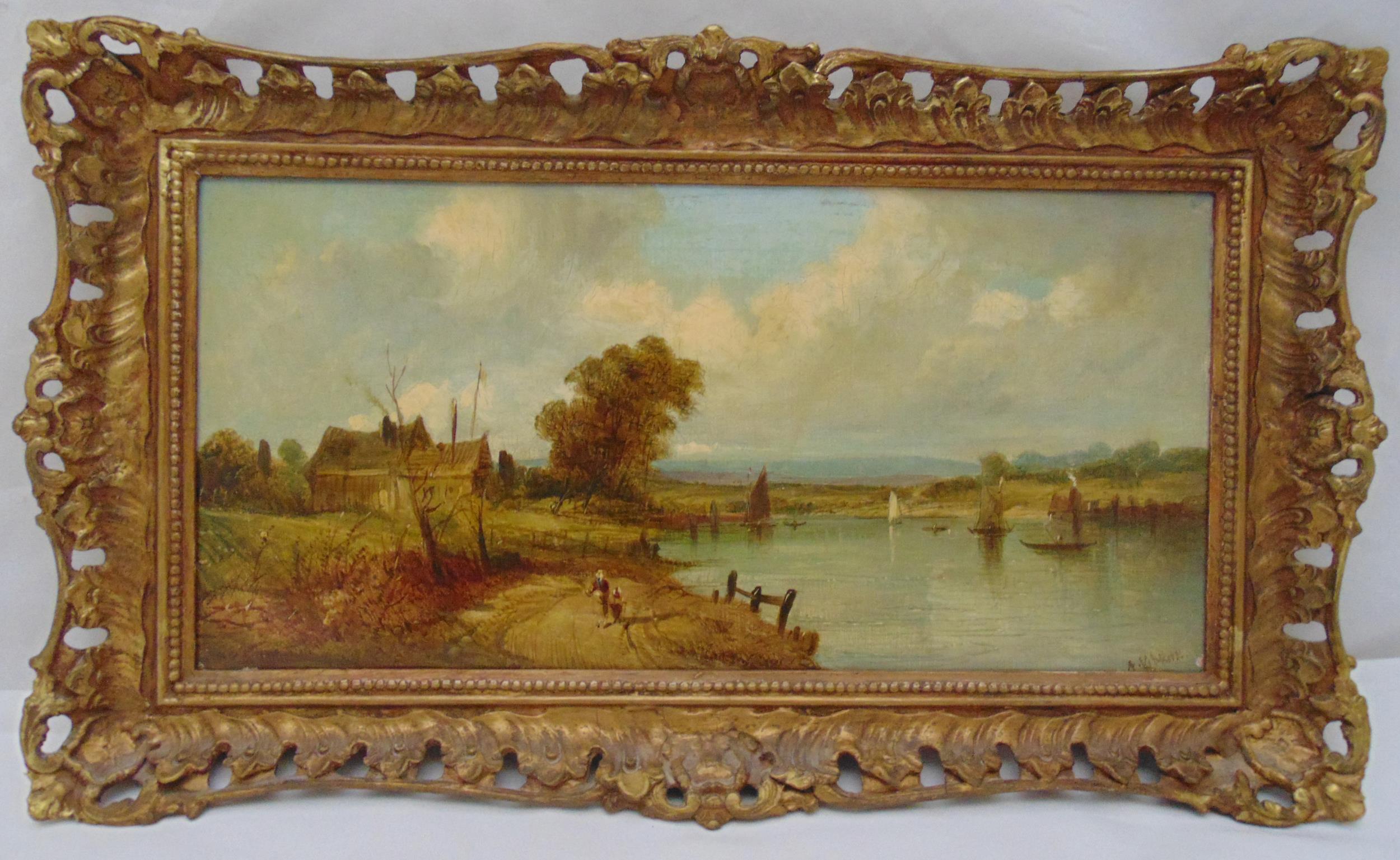 Alfred H Vickers framed oil on canvas of a landscape with boats and figures, signed bottom right, 19