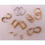 Eight pairs of 9ct gold earrings of various shape and style, approx total weight 13.7g