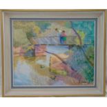 Alan Stenhouse Gourley framed oil on canvas of figures on a bridge, signed bottom right, 59.5 x