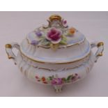 Schierholz porcelain oval two handled dish and cover decorated with applied and painted flowers,