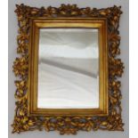 A rectangular bevelled wall mirror with carved and pierced gilded leaf border, 78 x 57.5cm