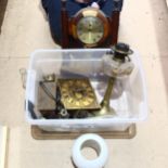 Oil lamps, specimen wood mantel clock etc (boxful)