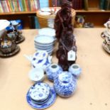 2 Eastern carved wood figures, tallest 30cm, a tea set in padded basket, ginger jars etc