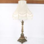 An Antique brass table lamp and shade, overall height 90cm