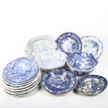 Victorian and other blue and white china, including Spode bowl, 23.5cm across