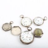 Various silver pocket watches and a wristwatch head