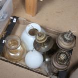 3 brass oil lamps and various shades (2 boxes)