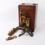A 19th century Henry Crouch brass compound microscope no. 7245, with 2 spare lenses, in original