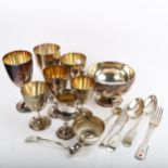 Victorian silver plated trophy goblets, silver plated cutlery etc (boxful)