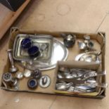 Various silver plate, stainless steel cutlery, novelty Scottish thistle cruet set etc (boxful)