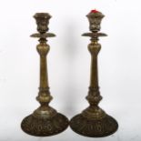 A large pair of silver plate on brass table candlesticks, height 50cm