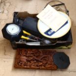 Barometer, duck design box, clarinet, Vintage car lamp etc