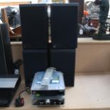 A set of 4 Kef Coda no. 7 black bookshelf loud speakers, and a Hitachi stacking audio system with