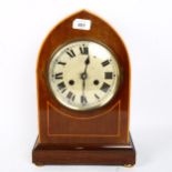 An early 20th century mahogany and satinwood inlaid 8-day lancet-top mantel clock, height 37cm