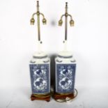 A pair of modern Chinese blue and white Kylin square-section table lamps, overall height 74cm (1 A/
