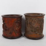 2 Chinese bamboo brush pots, relief carved decoration and character marks, largest height 17cm