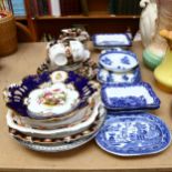 Blue and white Abbey pattern Shredded Wheat dishes, decorative Victorian plates, and an Edwardian