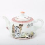 A Chinese Republic style hand painted and enamelled porcelain teapot, figural decoration with