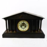 A large early 20th century slate architectural 8-day mantel clock, height 30cm, width 48cm