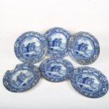 A set of 6 19th century blue and white transfer dinner plates, Middle Eastern gateway scene,