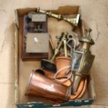 Copper jug, porch lamp, candlesticks etc