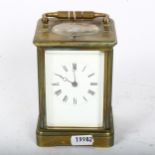A brass repeating carriage clock, white enamel dial with Roman numeral hour markers and movement