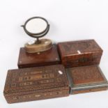 A brass-framed military issue swivel mirror, mother-of-pearl inlaid rosewood sewing box, and 3