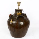 A large Studio pottery wine flagon table lamp, height 40cm (spout A/F)