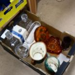 Various glass and ceramics, including Royal Doulton character jugs, decanters etc (boxful)