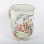 A Chinese famille rose hand painted and enamelled porcelain 'nine sages' mug, height 11cm, restored