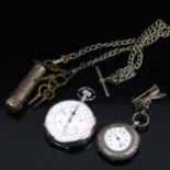 A Continental silver fob watch, a silver plated Albert chain, Excelsior Park stopwatch