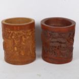 2 Chinese bamboo brush pots, relief carved decoration with character marks, largest height 18cm