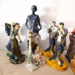 2 Falconer figures, height 39cm, a clock with figure support, and 3 others