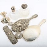 Various silver, including glass dressing table jar, lids, hand mirrors etc