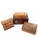 Miniature stained wood chest of 6 drawers, height 14cm, 2 carved wood Eastern boxes, and another