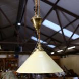 A brass rise and fall ceiling light fitting with glass shade, diameter 29cm