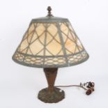 A Tiffany style marbled leadlight glass and brass table lamp and shade, overall height 50cm