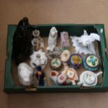 Staffordshire fireside Spaniel dog figures, Marumon Ware sugar bowls etc (boxful)