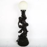 A large bronzed resin figural putti table lamp, height 70cm