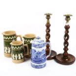 A pair of oak open twist candlesticks, 30cm, 3 Ridgways jugs, and a Spode Italian water jug