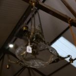 A large brass 3-branch ceiling light, with fitted clear glass bowl, height 82cm