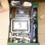 2 silver plated entree dishes, and various silver plated Mappin & Webb cutlery (boxful)