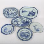 A quantity of Chinese blue and white dinner and serving plates, largest length 36cm (7)