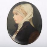 After Friedrich Auguste Von Kaulbach, hand painted oval porcelain plaque, portrait of Renaissance