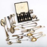 Various silver cutlery, including Georgian spoons, sugar tongs, replica seal top spoon etc, 15.8oz