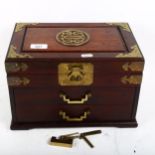 A Chinese brass bound Hongmu table-top jewellery box, W30cm, H20cm, D20cm