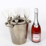 Electroplate Champagne bucket set, containing 6 glass flowerhead Champagne flutes, bucket height
