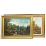An oil on canvas, panoramic river view, gilt-framed, and an oil on canvas, a park view with