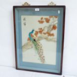 An Oriental hardstone study of a peacock on a branch, framed, overall 68cm x 50cm