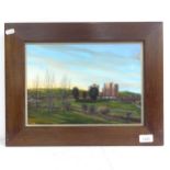 An oil on panel, town view with buildings, signed with monogram JP dated '98, framed, overall 36cm x